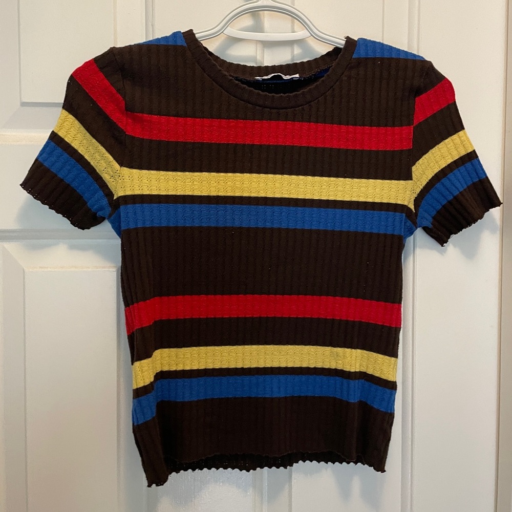 Zara Red and Yellow Short Sleeve Tee with Bold Stripes